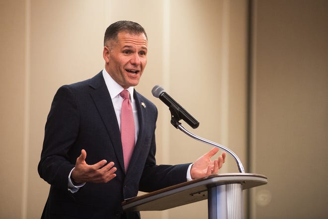 Rep. Marc Molinaro talks during a swearing-in ceremony in Saugerties, NY, on Saturday, Jan. 22, 2023.